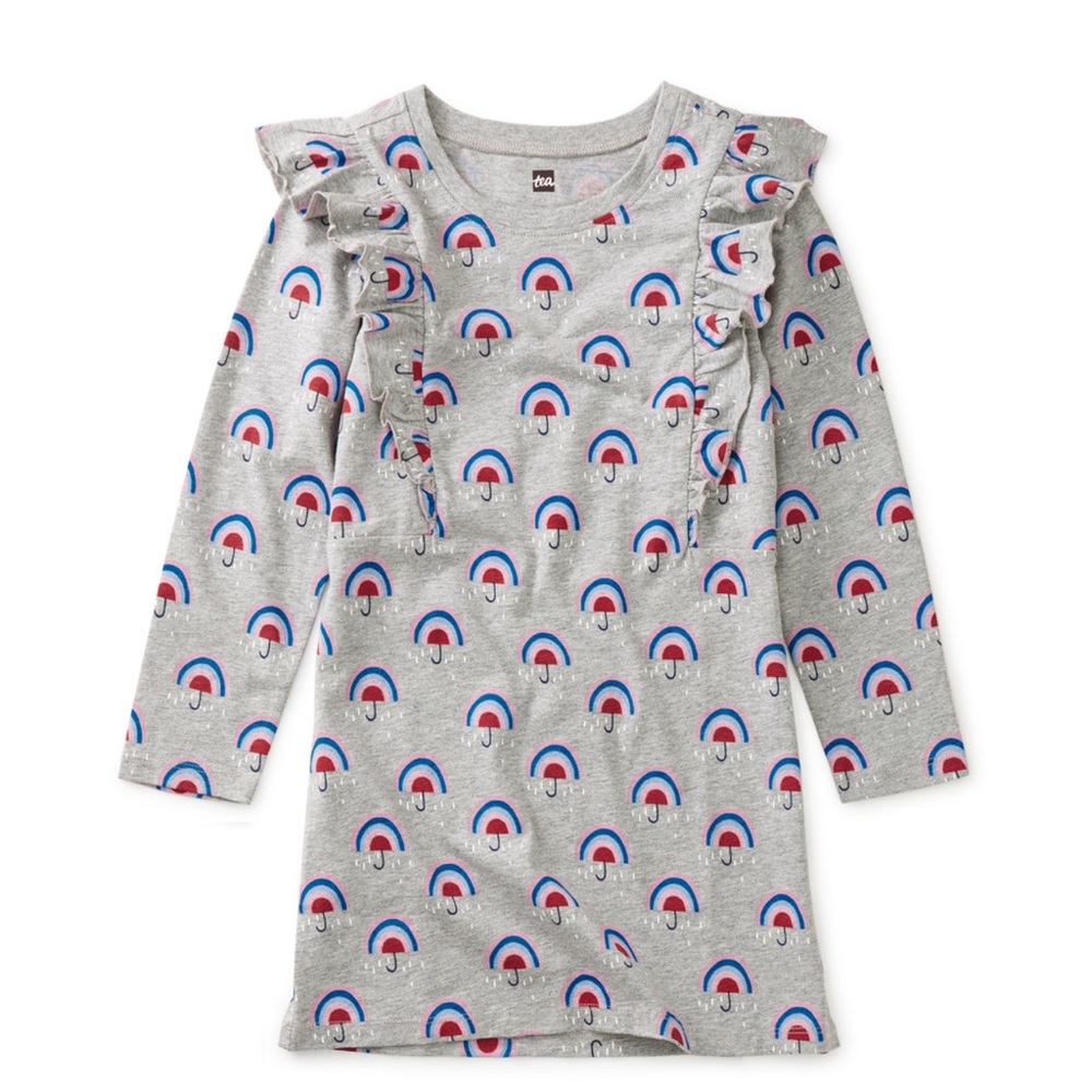 Tea Collection Ruffle sleeve A line dress rainbow umbrella size 14